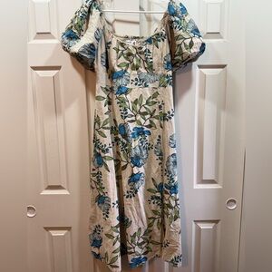 Floral Blue & Green Puff-Sleeve Midi Dress Large